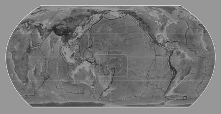 Photo for Tectonic plate boundaries on a grayscale map of the world in the Hatano Asymmetrical Equal Area projection centered on the meridian 180 longitude - Royalty Free Image