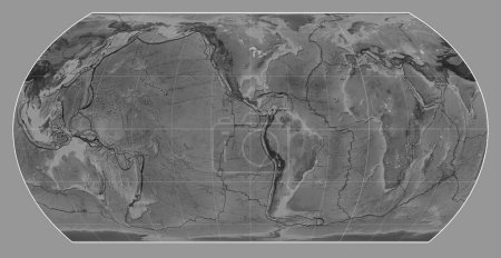 Téléchargez les photos : Limites des plaques tectoniques sur une carte en niveaux de gris du monde dans la projection Asymétrique Hatano Equal Area centrée sur le méridien 90 longitude ouest - en image libre de droit