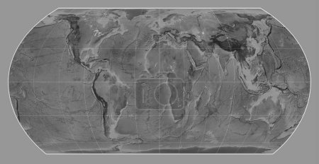 Téléchargez les photos : Carte en niveaux de gris du monde dans la projection asymétrique Hatano Equal Area centrée sur le méridien 0 longitude - en image libre de droit