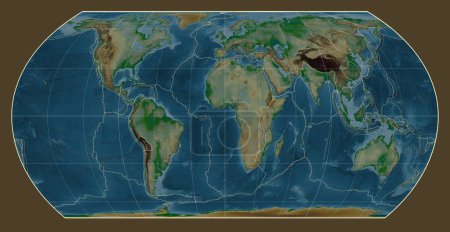 Téléchargez les photos : Limites des plaques tectoniques sur une carte physique du monde dans la projection Asymétrique Hatano Equal Area centrée sur le méridien 0 longitude - en image libre de droit