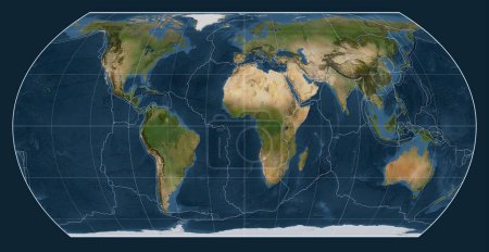 Photo for Tectonic plate boundaries on a satellite map of the world in the Hatano Asymmetrical Equal Area projection centered on the meridian 0 longitude - Royalty Free Image