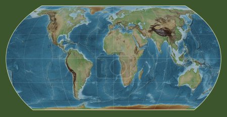 Téléchargez les photos : Limites des plaques tectoniques sur une carte d'élévation colorée du monde dans la projection Asymétrique Hatano Equal Area centrée sur le méridien 0 longitude - en image libre de droit