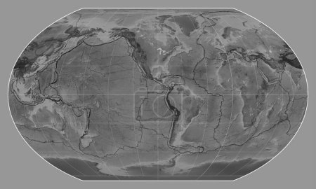 Téléchargez les photos : Limites des plaques tectoniques sur une carte en niveaux de gris du monde dans la projection de Kavrayskiy VII centrée sur le méridien 90 longitude ouest - en image libre de droit