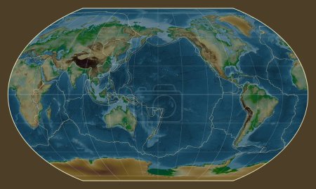Téléchargez les photos : Limites des plaques tectoniques sur une carte physique du monde dans la projection de Kavrayskiy VII centrée sur la longitude du méridien 180 - en image libre de droit