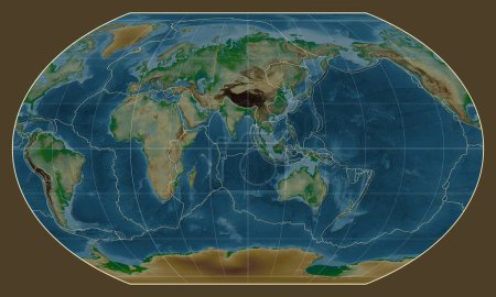 Téléchargez les photos : Limites des plaques tectoniques sur une carte physique du monde dans la projection Kavrayskiy VII centrée sur le méridien 90 longitude est - en image libre de droit