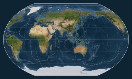 Téléchargez les photos : Limites des plaques tectoniques sur une carte satellite du monde dans la projection Kavrayskiy VII centrée sur le méridien 90 longitude est - en image libre de droit