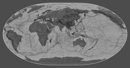 Foto de Límites de placas tectónicas en un mapa bilevel del mundo en la proyección Loximutal centrada en el meridiano 90 de longitud este - Imagen libre de derechos