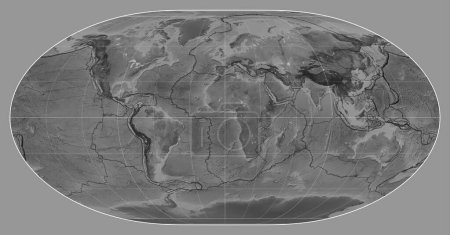 Téléchargez les photos : Limites des plaques tectoniques sur une carte en niveaux de gris du monde dans la projection de Loximuthal centrée sur la longitude du méridien 0 - en image libre de droit