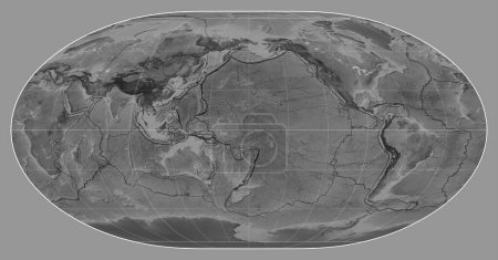 Téléchargez les photos : Limites des plaques tectoniques sur une carte en niveaux de gris du monde dans la projection de Loximuthal centrée sur la longitude du méridien 180 - en image libre de droit