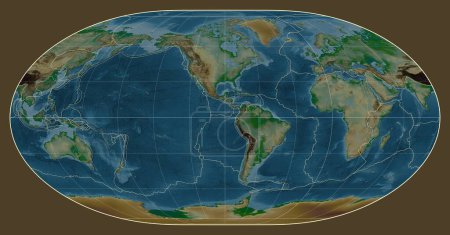 Téléchargez les photos : Limites des plaques tectoniques sur une carte physique du monde dans la projection de Loximuthal centrée sur le méridien 90 longitude ouest - en image libre de droit