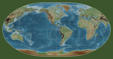 Téléchargez les photos : Limites des plaques tectoniques sur une carte d'altitude colorée du monde dans la projection de Loximuthal centrée sur le méridien 90 longitude ouest - en image libre de droit