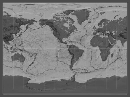 Photo for Tectonic plate boundaries on a bilevel map of the world in the Miller Cylindrical projection centered on the meridian -90 west longitude - Royalty Free Image