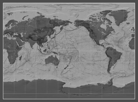 Bilevel map of the world in the Miller Cylindrical projection centered on the meridian 180 longitude