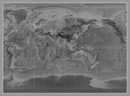 Téléchargez les photos : Limites des plaques tectoniques sur une carte en niveaux de gris du monde dans la projection cylindrique Miller centrée sur le méridien 90 longitude est - en image libre de droit
