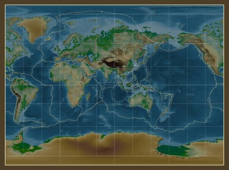 Téléchargez les photos : Limites des plaques tectoniques sur une carte physique du monde dans la projection cylindrique Miller centrée sur le méridien 90 longitude est - en image libre de droit