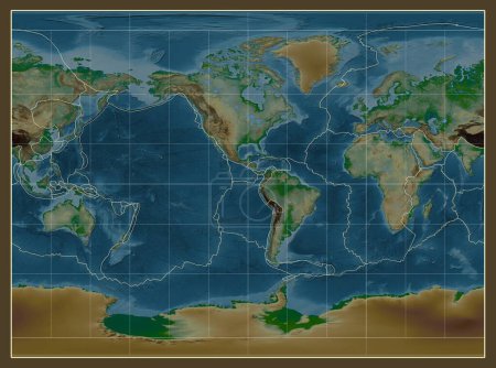 Photo for Tectonic plate boundaries on a physical map of the world in the Miller Cylindrical projection centered on the meridian -90 west longitude - Royalty Free Image