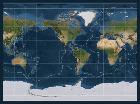 Photo for Tectonic plate boundaries on a satellite map of the world in the Miller Cylindrical projection centered on the meridian -90 west longitude - Royalty Free Image