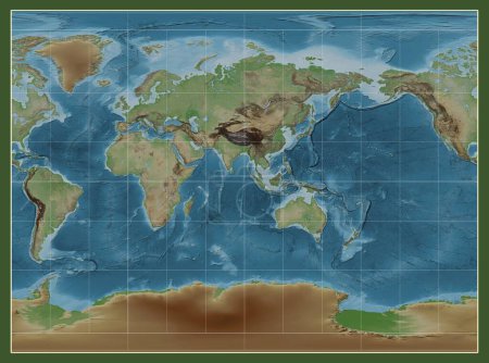 Foto de Mapa de elevación coloreado del mundo en la proyección cilíndrica Miller centrada en el meridiano 90 de longitud este - Imagen libre de derechos