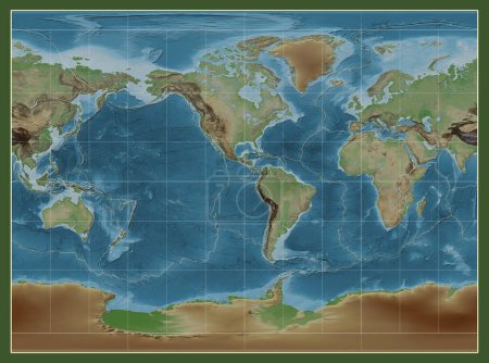 Foto de Límites de placas tectónicas en un mapa de elevación coloreado del mundo en la proyección cilíndrica Miller centrada en la longitud meridiano-90 oeste - Imagen libre de derechos