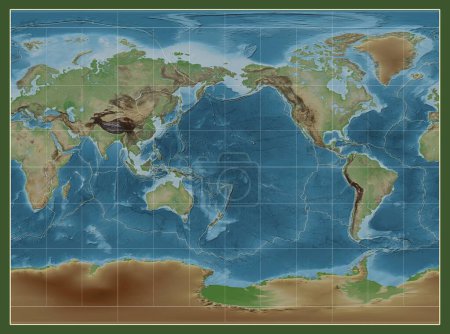 Photo for Tectonic plate boundaries on a colored elevation map of the world in the Miller Cylindrical projection centered on the meridian 180 longitude - Royalty Free Image