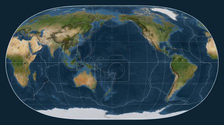 Téléchargez les photos : Limites des plaques tectoniques sur une carte satellite du monde dans la projection Natural Earth II centrée sur la longitude du méridien 180 - en image libre de droit