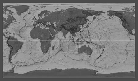 Téléchargez les photos : Limites des plaques tectoniques sur une carte bilevel du monde dans la projection cylindrique Patterson centrée sur le méridien 90 longitude est - en image libre de droit