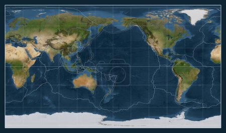 Photo for Tectonic plate boundaries on a satellite map of the world in the Patterson Cylindrical projection centered on the meridian 180 longitude - Royalty Free Image