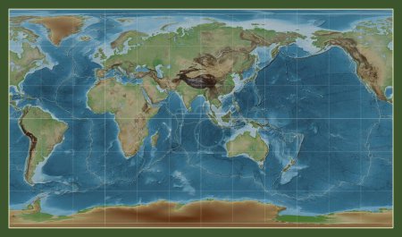 Foto de Límites de placas tectónicas en un mapa de elevación coloreado del mundo en la proyección cilíndrica Patterson centrada en el meridiano 90 de longitud este - Imagen libre de derechos