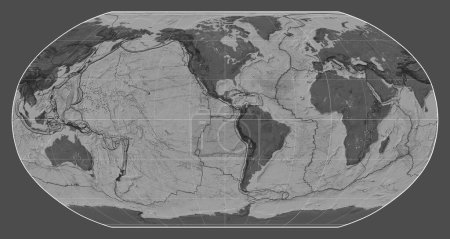 Photo for Tectonic plate boundaries on a bilevel map of the world in the Robinson projection centered on the meridian -90 west longitude - Royalty Free Image