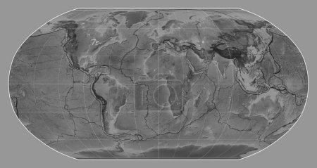 Foto de Límites de placas tectónicas en un mapa a escala de grises del mundo en la proyección Robinson centrada en la longitud meridiana 0 - Imagen libre de derechos