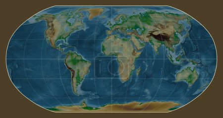 Photo for Physical map of the world in the Robinson projection centered on the meridian 0 longitude - Royalty Free Image