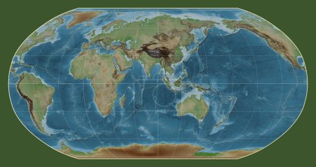 Foto de Límites de placas tectónicas en un mapa de elevación coloreado del mundo en la proyección Robinson centrada en el meridiano 90 de longitud este - Imagen libre de derechos