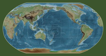 Foto de Mapa de elevación coloreada del mundo en la proyección Robinson centrada en la longitud del meridiano 180 - Imagen libre de derechos