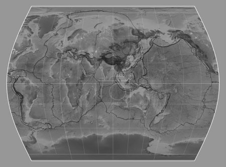 Téléchargez les photos : Limites des plaques tectoniques sur une carte en niveaux de gris du monde dans la projection Times centrée sur le méridien 90 longitude est - en image libre de droit