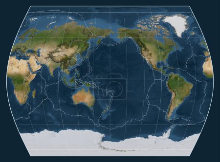 Foto de Límites de placas tectónicas en un mapa satelital del mundo en la proyección Times centrada en la longitud del meridiano 180 - Imagen libre de derechos