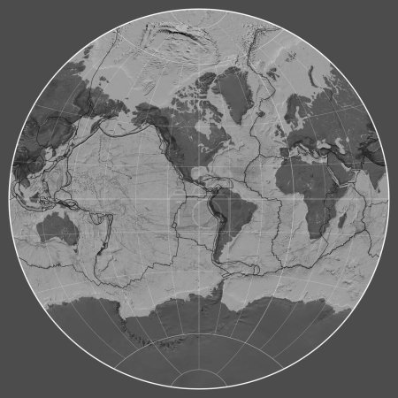 Photo for Tectonic plate boundaries on a bilevel map of the world in the van der Grinten I projection centered on the meridian -90 west longitude - Royalty Free Image