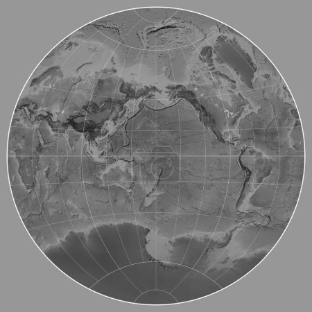 Téléchargez les photos : Carte en niveaux de gris du monde dans la projection de van der Grinten I centrée sur la longitude du méridien 180 - en image libre de droit