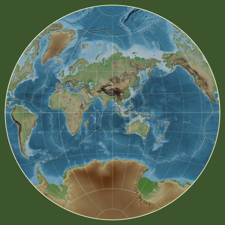 Foto de Límites de placas tectónicas en un mapa de elevación coloreado del mundo en la proyección van der Grinten I centrada en el meridiano 90 de longitud este - Imagen libre de derechos
