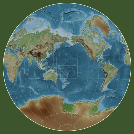 Foto de Mapa de elevación coloreada del mundo en la proyección van der Grinten I centrada en la longitud del meridiano 180 - Imagen libre de derechos