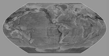 Photo for Tectonic plate boundaries on a grayscale map of the world in the Winkel I projection centered on the meridian -90 west longitude - Royalty Free Image