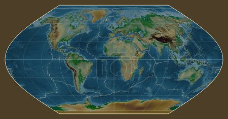 Téléchargez les photos : Limites des plaques tectoniques sur une carte physique du monde dans la projection de Winkel I centrée sur le méridien 0 longitude - en image libre de droit