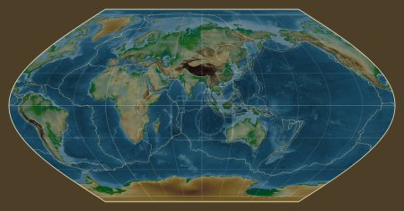 Téléchargez les photos : Limites des plaques tectoniques sur une carte physique du monde dans la projection de Winkel I centrée sur le méridien 90 longitude est - en image libre de droit