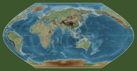 Foto de Límites de placas tectónicas en un mapa de elevación coloreado del mundo en la proyección Winkel I centrada en el meridiano 90 de longitud este - Imagen libre de derechos