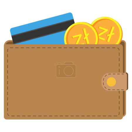 Photo for Wallet with polish zloty coins and credit card. Flat vector illustration. - Royalty Free Image