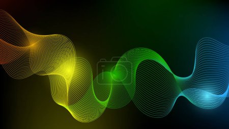 Ilustración de Elemento de onda musical abstracto de líneas de colores sobre fondo negro para el diseño. Ilustración vectorial de la dinámica de cinta lisa. EPS 10. - Imagen libre de derechos