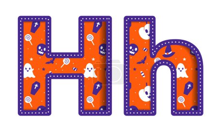 Illustration for Cute Happy Halloween H Alphabet Capital Small Letter Party Font Typography Character Cartoon Spooky Horror colorful Paper Cutout Type design celebration vector Illustration Skull Pumpkin Bat Witch Hat - Royalty Free Image