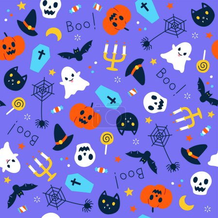 Cute Happy Halloween cartoon seamless pattern vector violet background ghost, skull, pumpkin, jack o lantern, bat, black cat, spider web, candlestick, lollipop candy, coffin, witch hat, boo, moon 