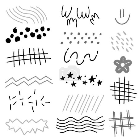 Illustration for Abstract Black White Line Form Doodle Hand Drawing Pen Paint Marker Brush Ink Scribble Mesh Polkadot Flower Smile Star Texture Pattern Collection Set Vector Illustration - Royalty Free Image