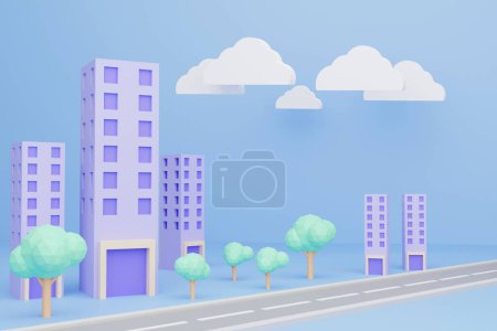 High-rise building model on blue background, city tall buildings, high-rise housing type, city living, housing sales, 3D render