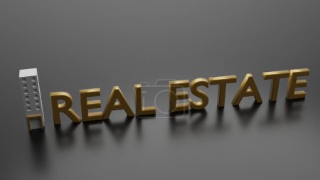 Téléchargez les photos : Rendu 3D de Real Estate Sign sur fond noir avec réflexion. - en image libre de droit
